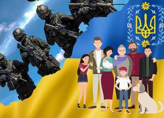 Großfamilie durch Flucht und Krieg in der Ukraine Collage mit Soldaten und ukrainischer Landesfarben
