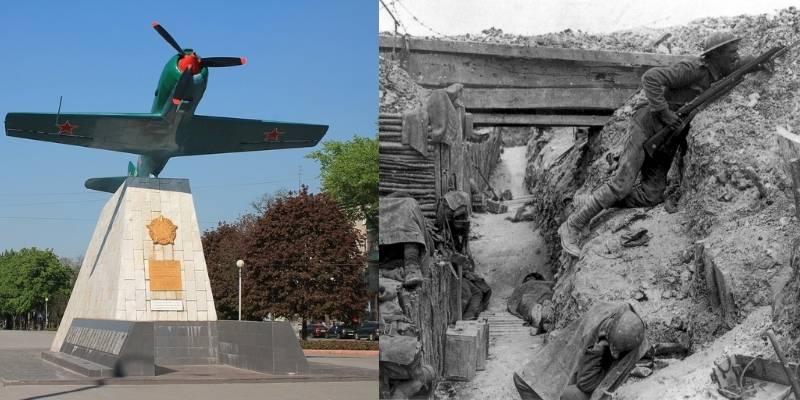 Denkmal der Luftwaffe Kiew und Soldaten im Schützengraben