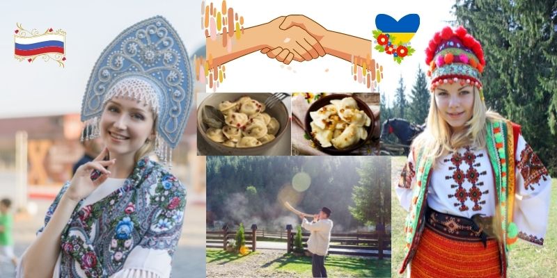 Ukrainische und russische Trachten, Musikinstrumente wie die Trembita und Speisen wie ukrainische Wareniki und russische PelmeniUnterschiede Russland