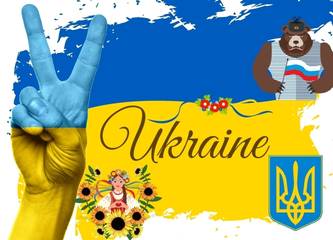 Ukrainische Flagge, Friedenssymbol, Falkensymbol und der russische Bär
